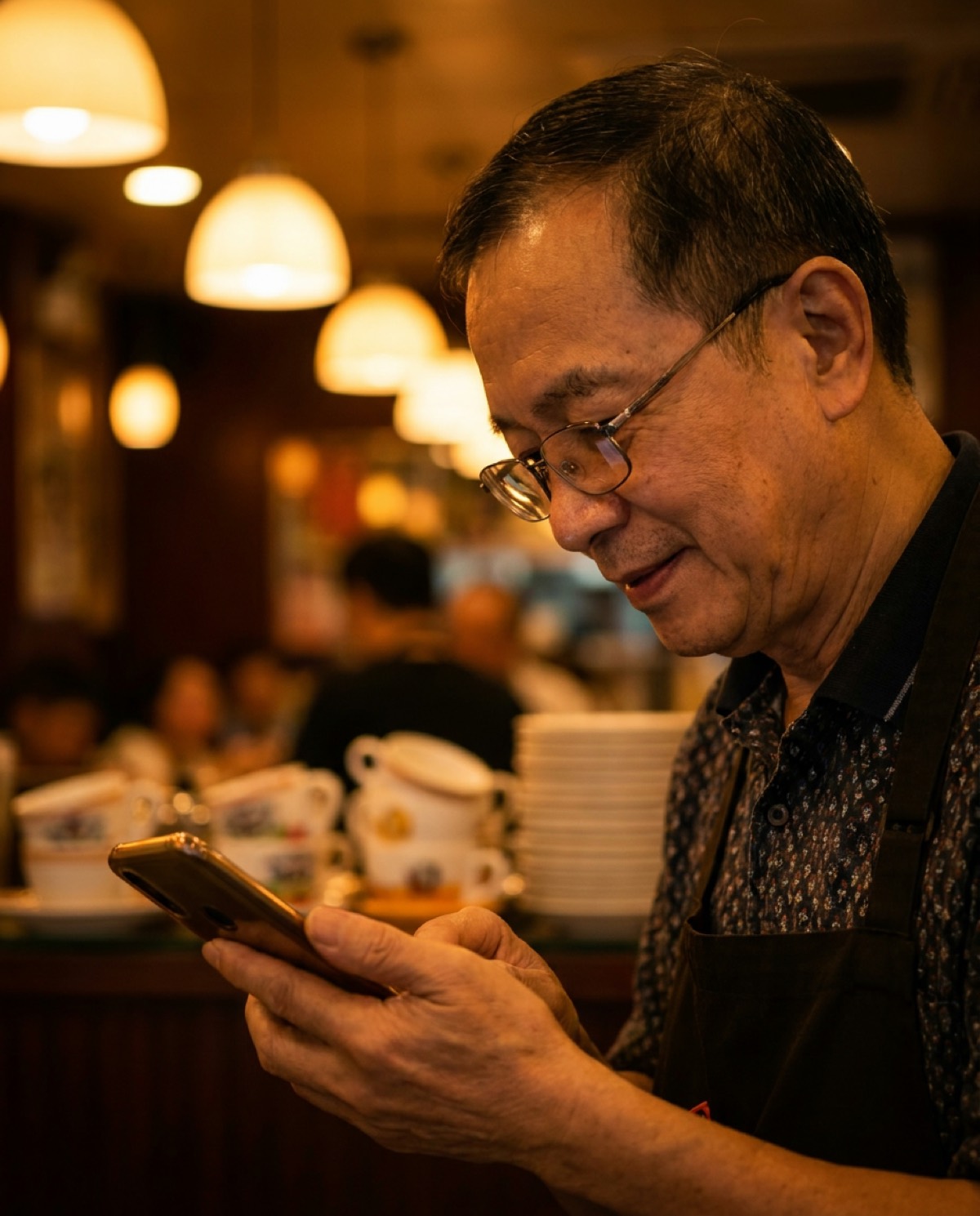 茶餐廳老闆用手機回覆熟客